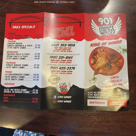 901 wings - View the Menu of 901 Wings &#039;The King of Wings&#039; in 156 Stateline Rd. W, Southaven, MS. Share it with friends or find your next meal. Hot Wings, Philly Cheese Steaks, Hamburgers, Fresh Cut Fries